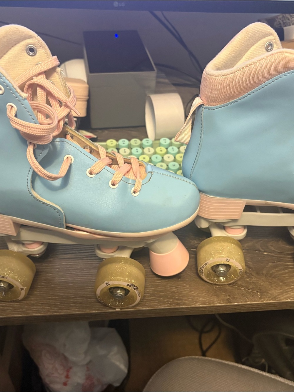 Pastel Blue & Pink Retro Roller Skates. Adjustable from size 4-7.